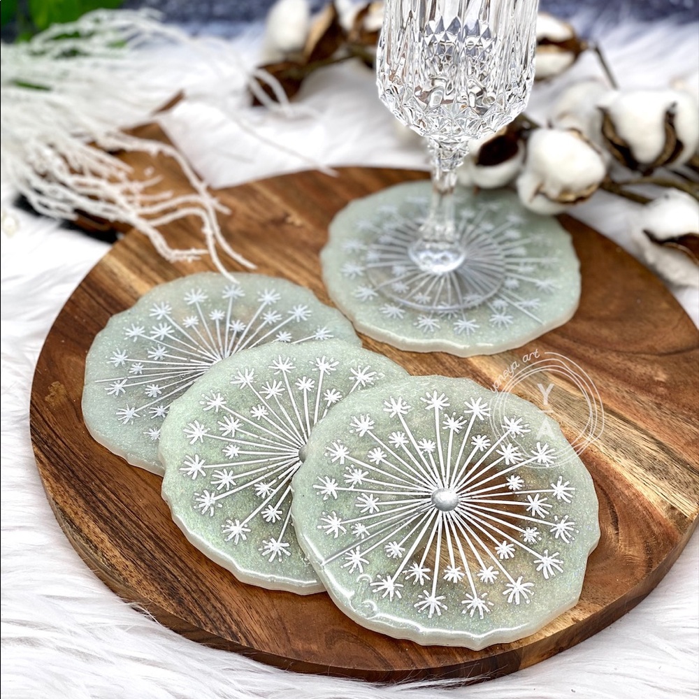 Dandelion flower Resin drink Coasters silver gold pearl and white Glitter Agate